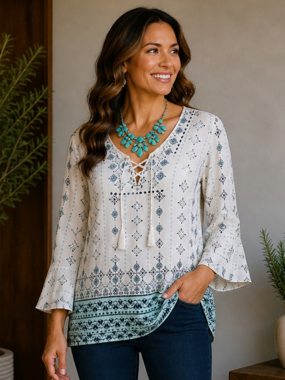 Style & Co. White Tunic with Blue and Black Print and Tassel Tie